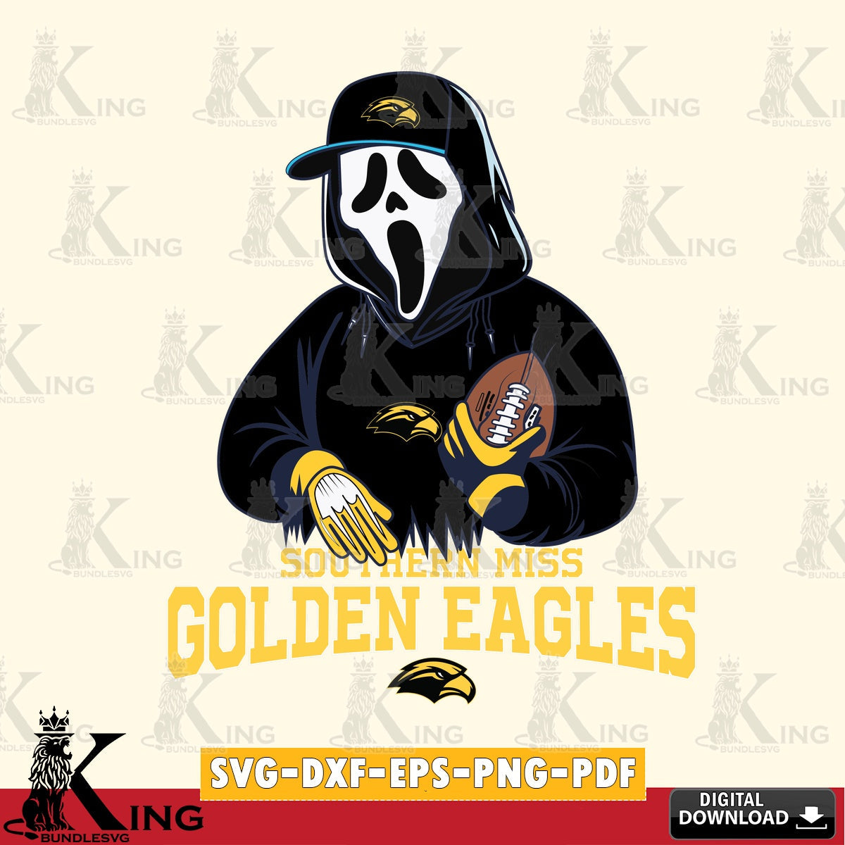 High-quality graphic of a Southern Miss Golden Eagles Ghostface Scream football player, PNG clipart for sublimation printing and
