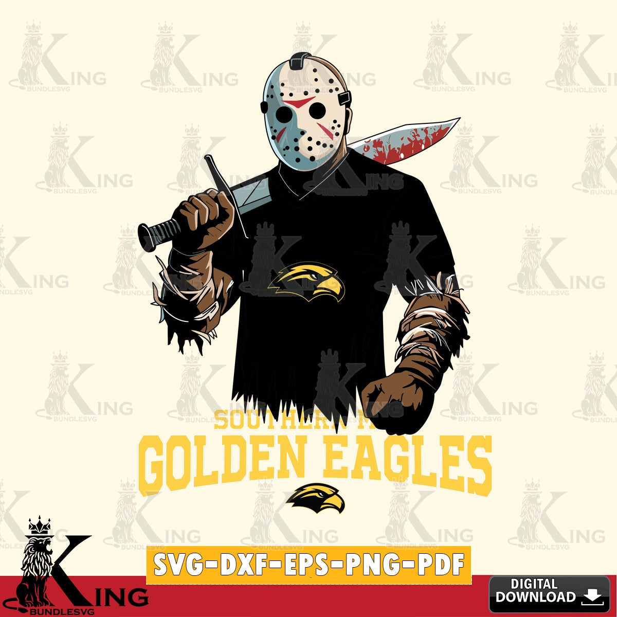 Custom design featuring Southern Miss Golden Eagles Jason Voorhees Football, cut file ideal for vinyl projects and T-shirt