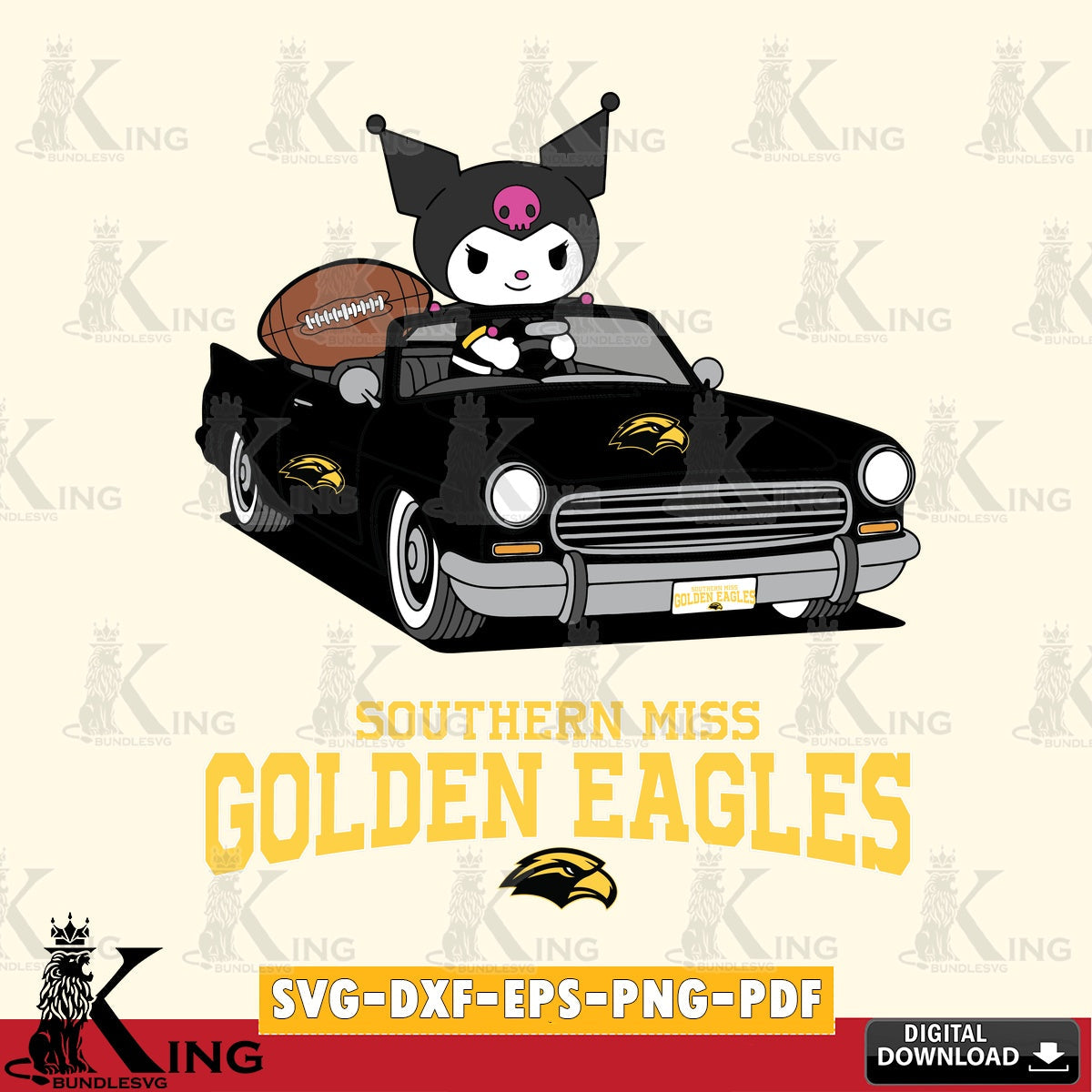 Southern Miss Golden Eagles Kuromi Car Football Game SVG file, Cricut, Cut file  , Digital Download , Instant Download, Sanrio svg, Clipart