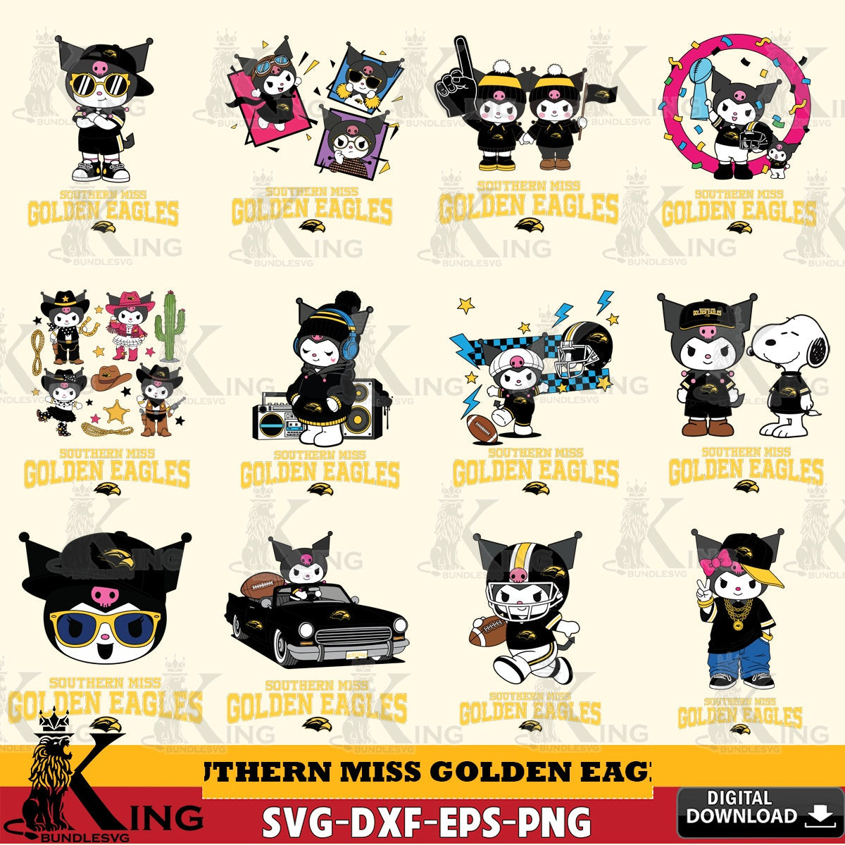 Southern Miss Golden Eagles Kuromi Football Jersey NCAA Bundle SVG file, Cricut, Cut file  , Digital Download , Instant Download, Sanrio svg, Clipart