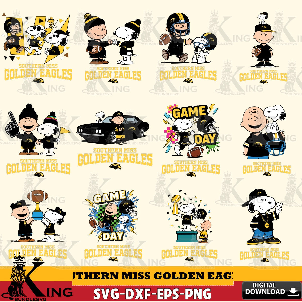 Southern Miss Golden Eagles Peanuts Football NCAA Bundle SVG, Cricut, Cut file  , Digital Download , Instant Download, Peanuts svg, NCAA svg, Football svg, Sport svg