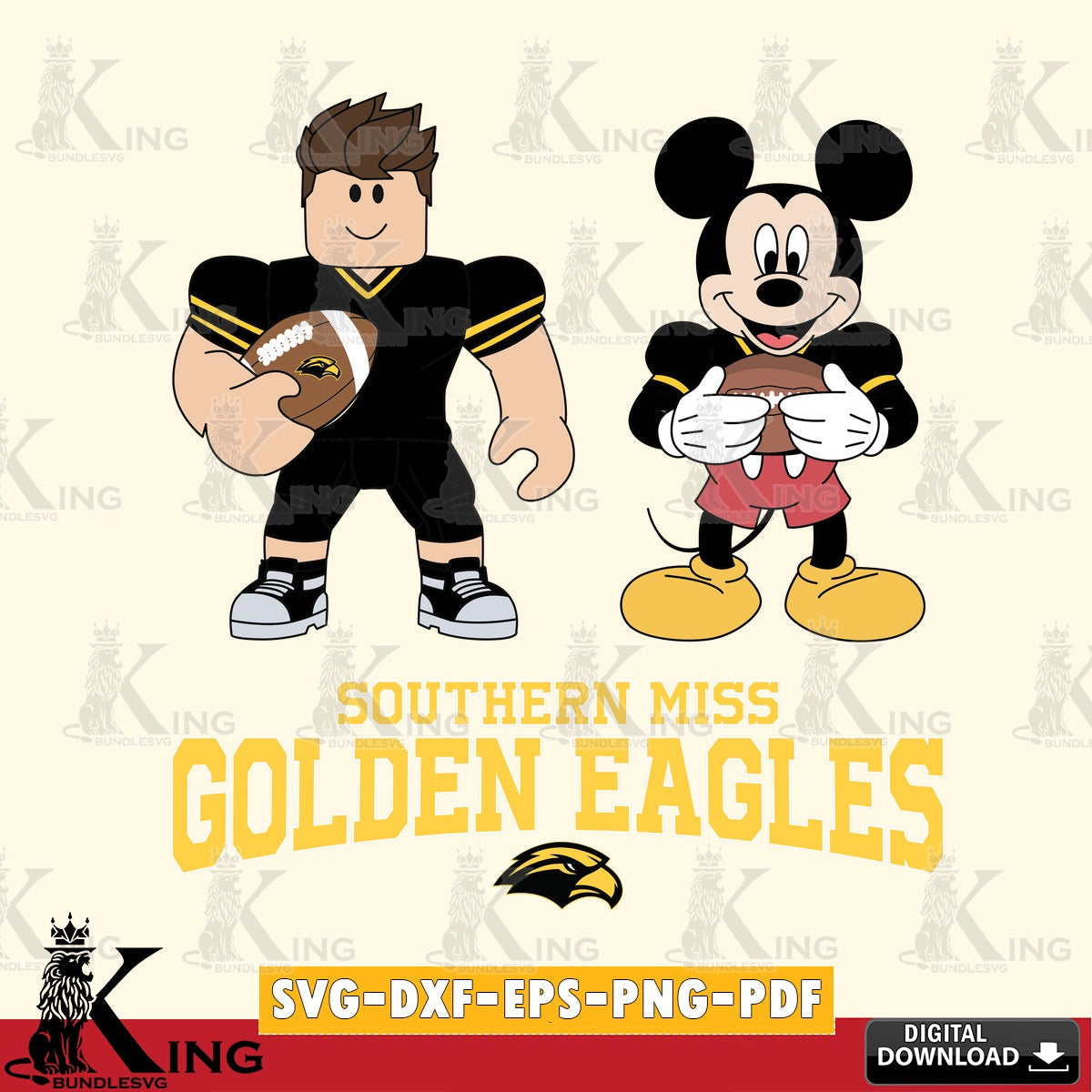 Digital clipart of Southern Miss Golden Eagles Roblox & Mickey Football, NCAA Cricut, File cut vector illustration for POD