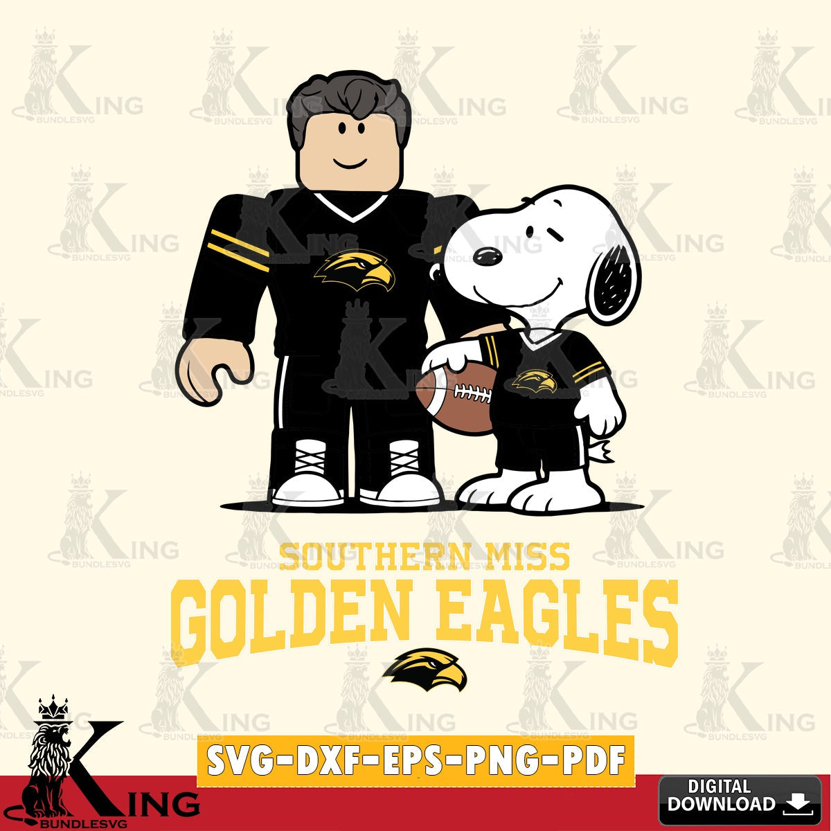 Custom design featuring Southern Miss Golden Eagles Roblox Snoopy Football, NCAA Cricut SVG PNG files perfect for Cricut and
