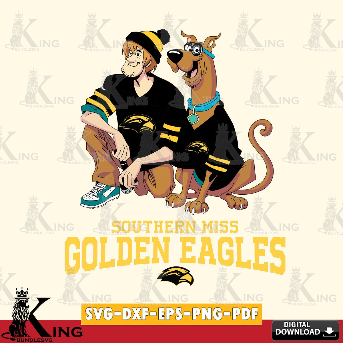 Printable art of Southern Miss Golden Eagles Shaggy and Scooby Doo football, high-quality vector for DIY scrapbooking and home