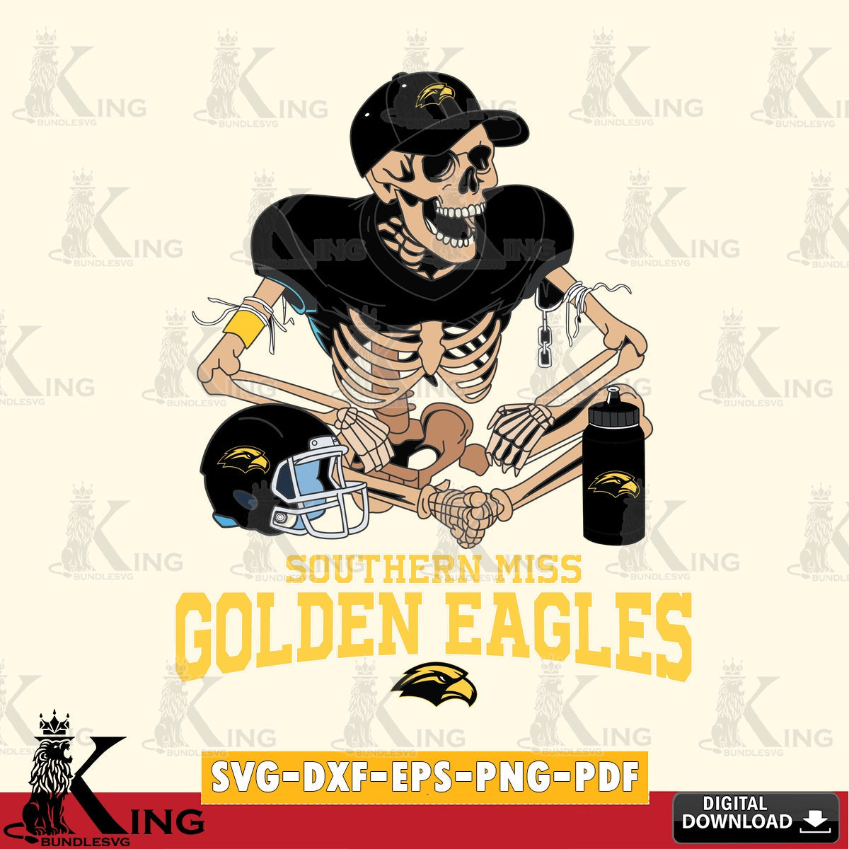 Beautiful illustration of a Southern Miss Golden Eagles skeleton football player, high-quality vector for DIY scrapbooking and