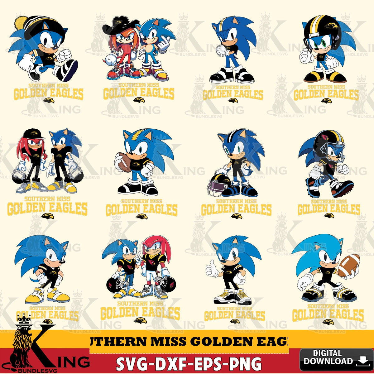 Jumbo collection of Southern Miss Golden Eagles Sonic & Knuckles NCAA Football Bundle PNG clipart for sublimation printing and