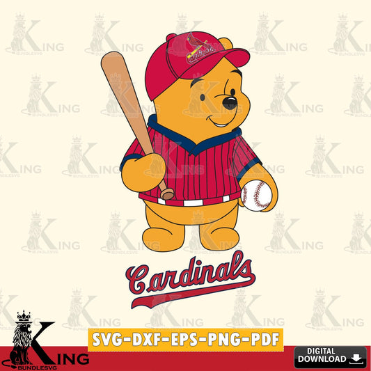 Unique artwork depicting a St Louis Cardinals baseball batter Winnie the Pooh vector art for engraving, cutting, and printing.