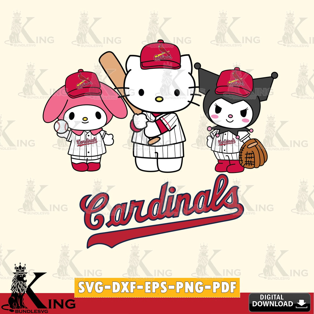 Eye-catching graphic of St Louis Cardinals cute kawaii friends, a crafting file for iron-on transfer and vinyl decals.