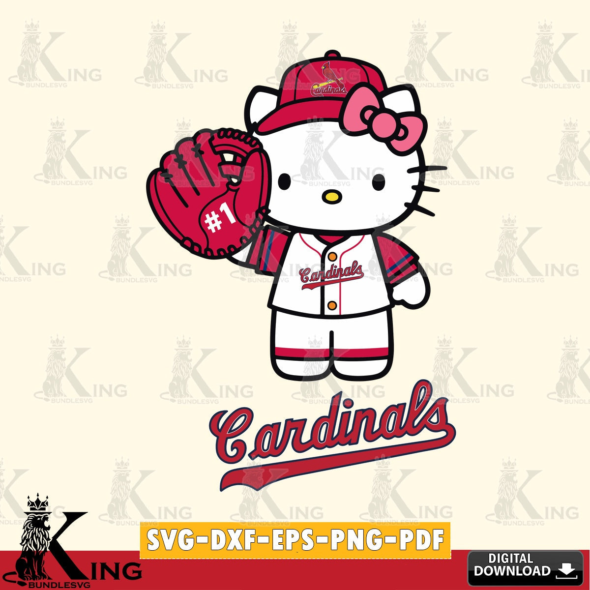 All-in-one bundle of St Louis Cardinals Hello Kitty Baseball #1 SVG PNG design suitable for Glowforge and laser cutting