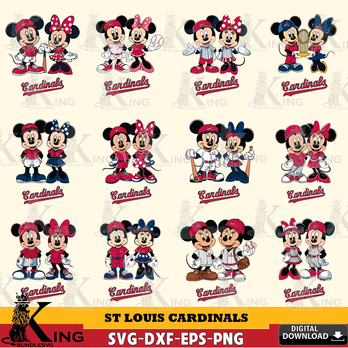 St Louis Cardinals Mickey Minnie Baseball Player MLB Bundle SVG file , For Cricut,  File cut , Digital Download , PDF File, Cut Files