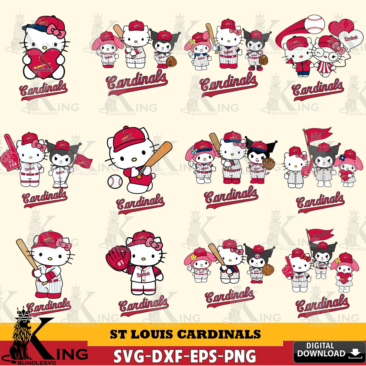 Huge collection of St Louis Cardinals Sanrio Squad Baseball MLB Bundle, versatile clip art for stickers, decals, and mugs