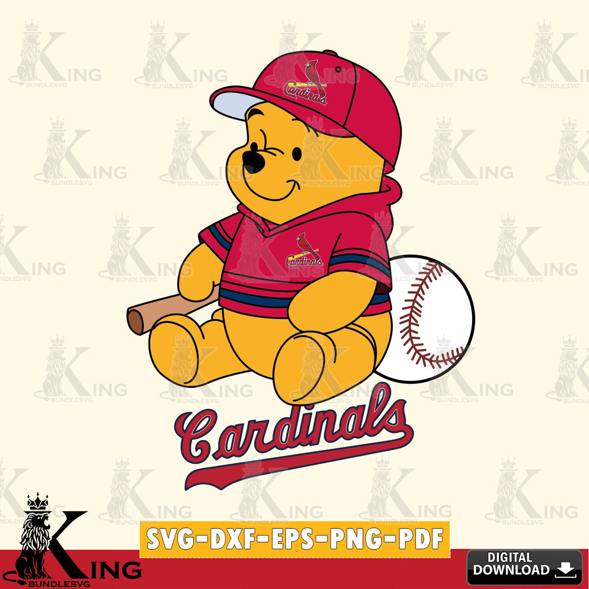 Artistic drawing of St Louis Cardinals Winnie the Pooh baseball, versatile clip art for stickers, decals, and mugs.