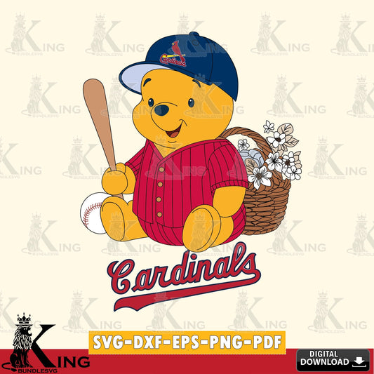 Hand-drawn style art of St Louis Cardinals Winnie the Pooh Flower Baseball digital download for Cricut Maker and paper crafts