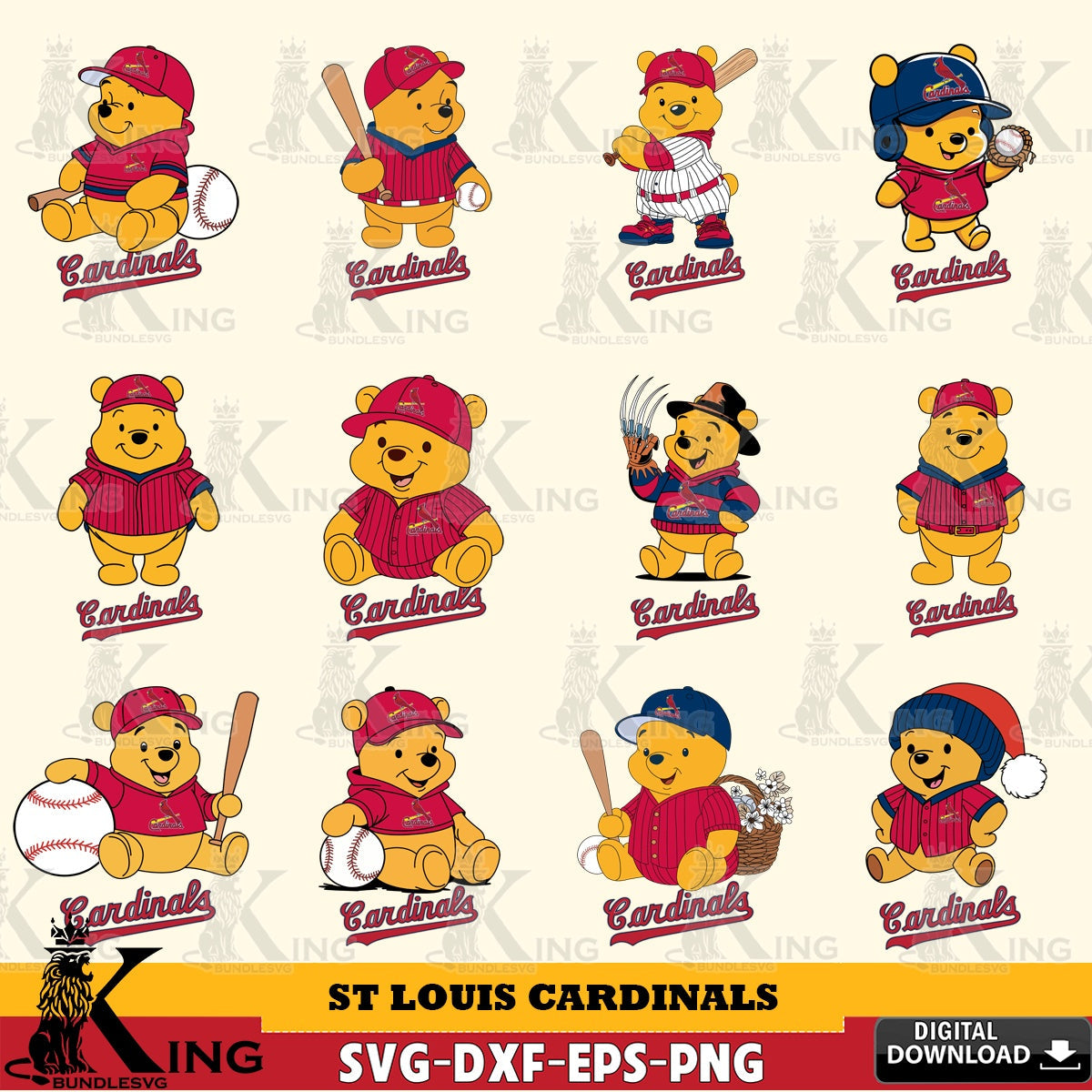 Variety pack of St Louis Cardinals Winnie the Pooh MLB baseball bundle crafting file for iron-on transfer and vinyl decals