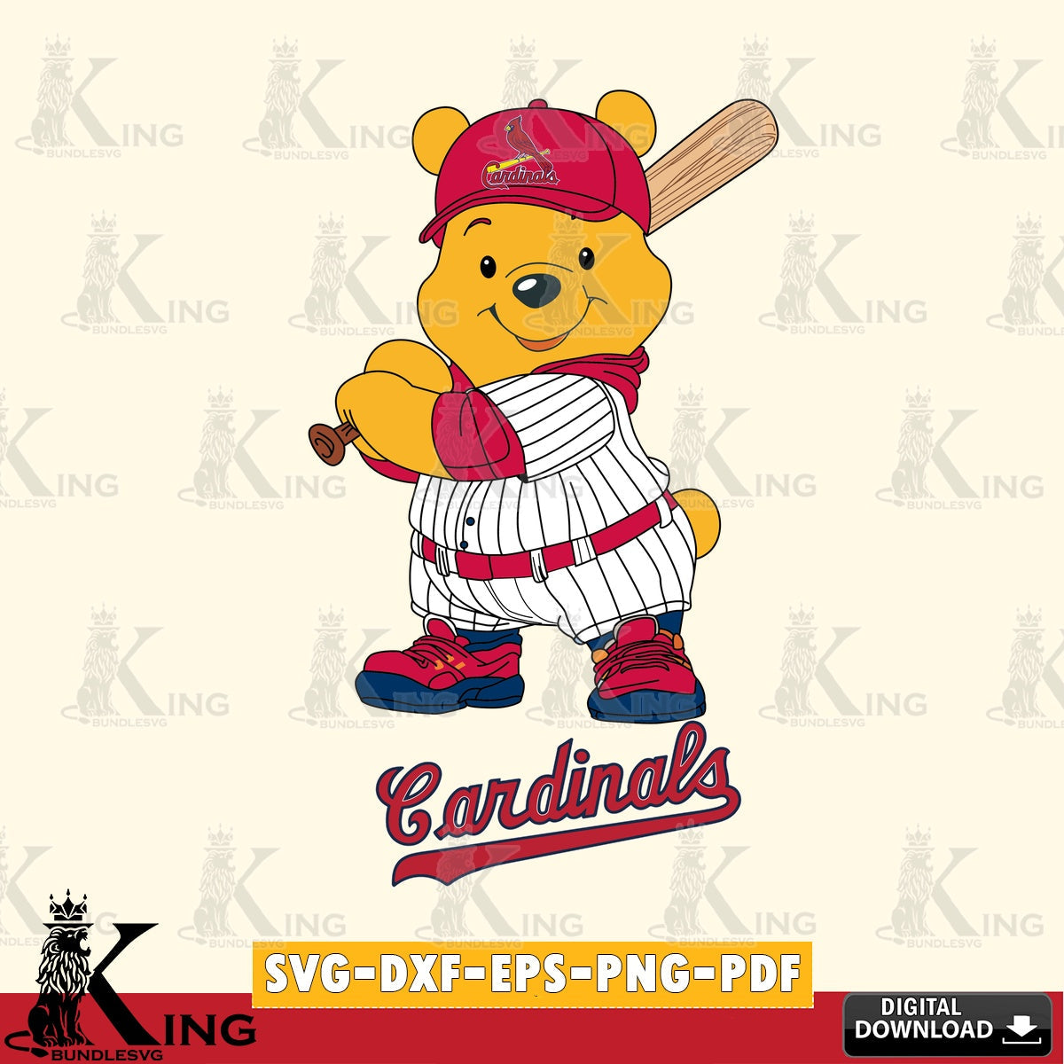 High-quality graphic of St Louis Cardinals Winnie the Pooh baseball player PNG clipart for sublimation printing and graphic design