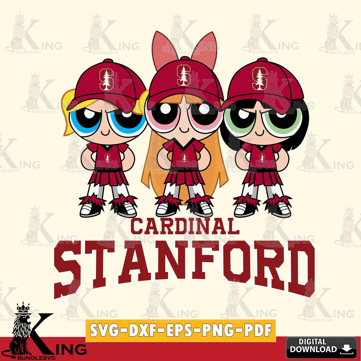 Unique artwork depicting Stanford Cardinal PowerPuff Girls football, vector illustration for POD merchandise and apparel