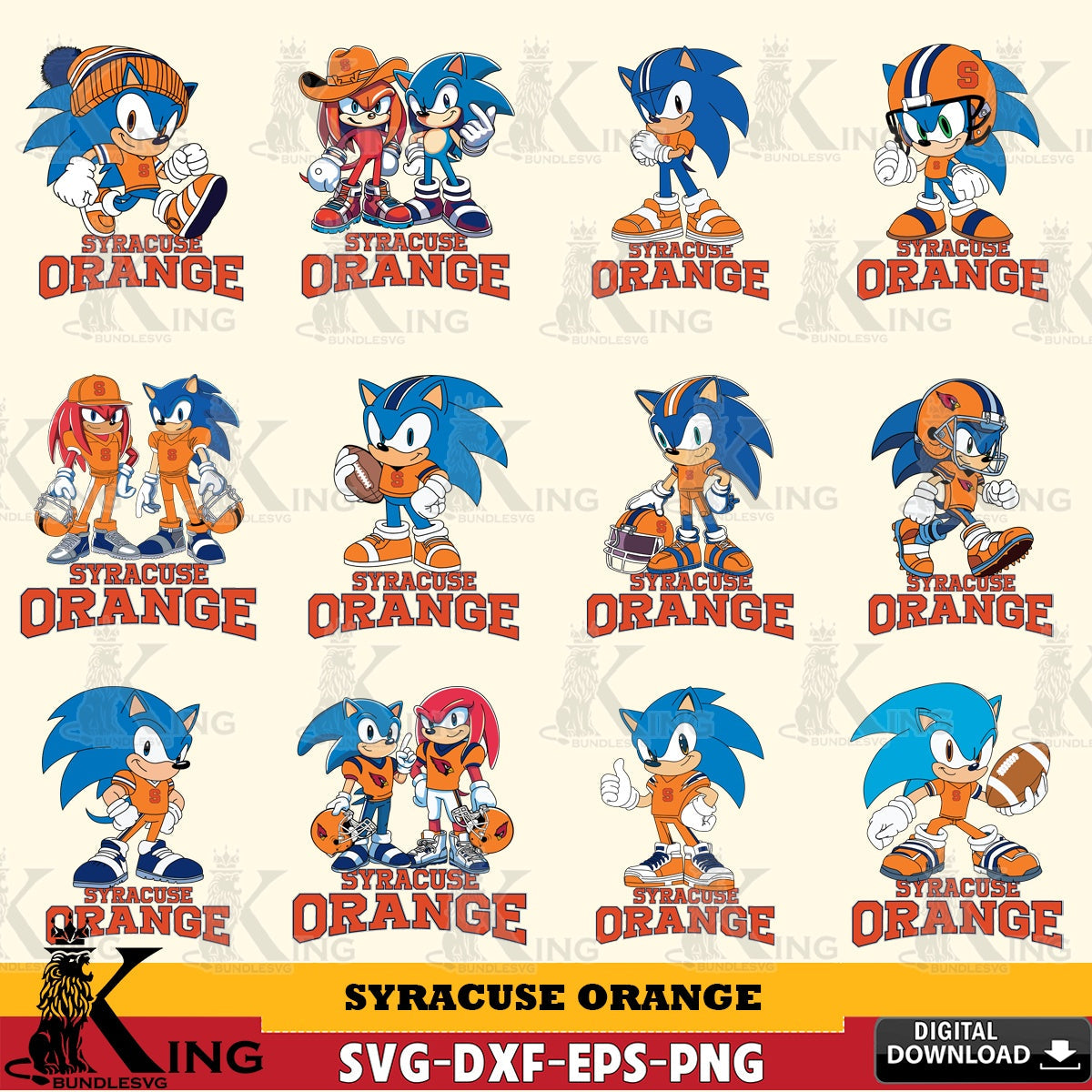 Jumbo collection of Syracuse Orange Sonic & Knuckles NCAA Football Bundle PNG clipart for sublimation printing and graphic design
