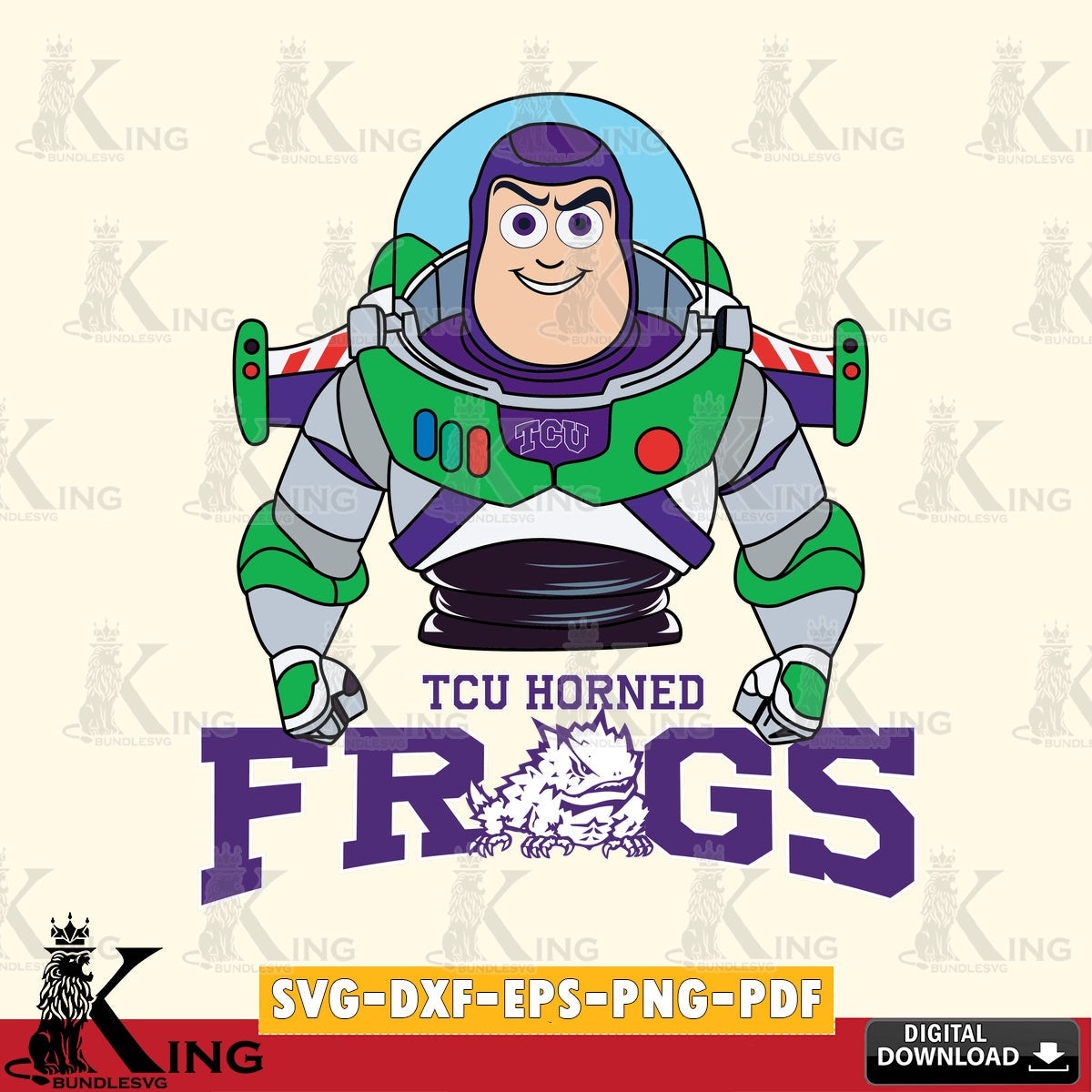 Digital download featuring TCU Horned Frogs Buzz Lightyear football vector art for engraving, cutting, and printing.
