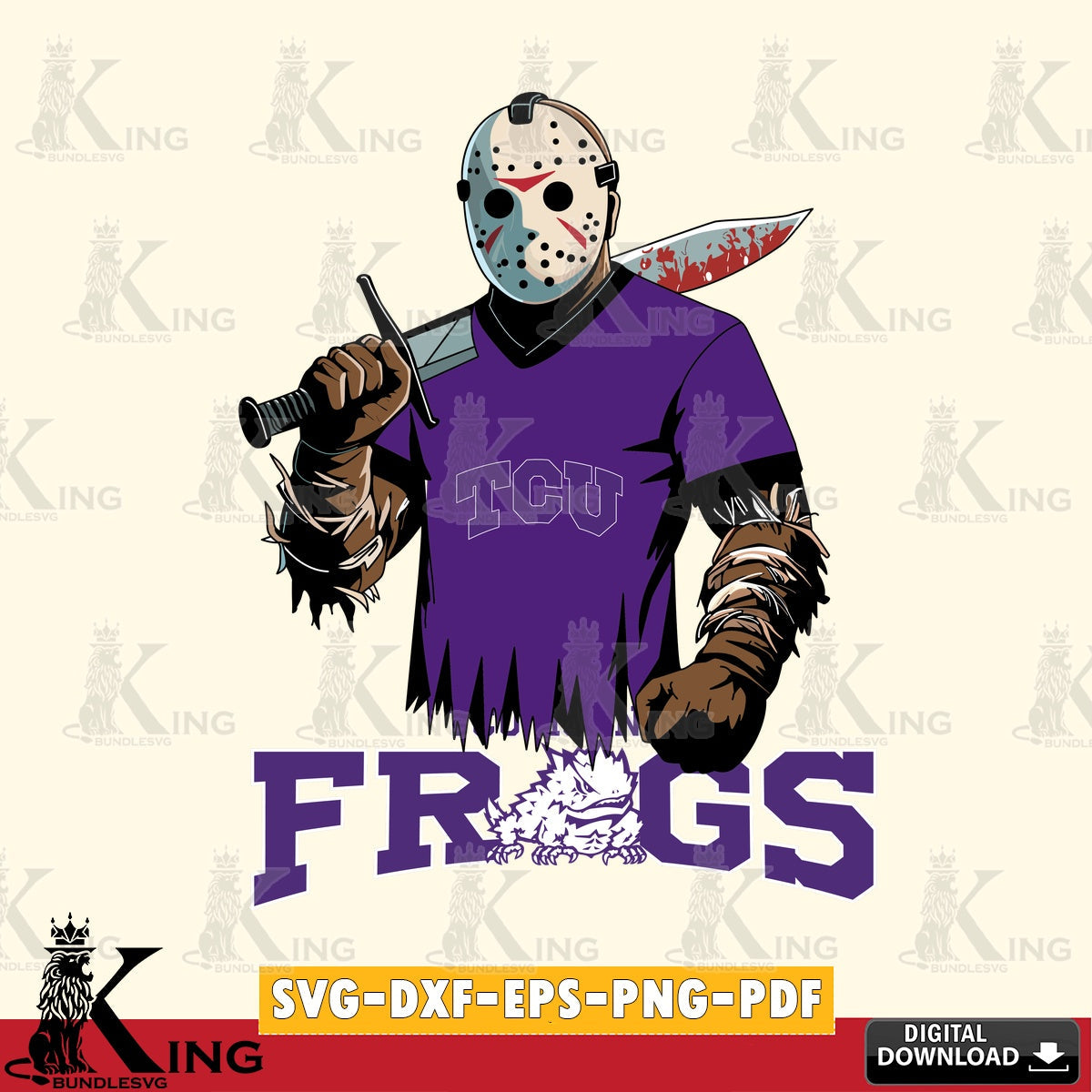 Hand-drawn style art of TCU Horned Frogs Jason Voorhees Football, NCAA SVG PNG files perfect for Cricut and Silhouette cutting