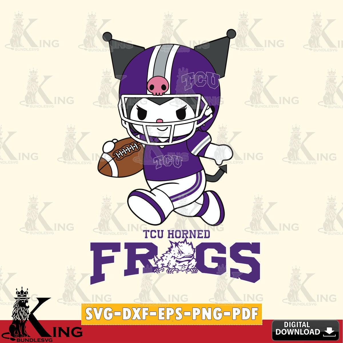 TCU Horned Frogs Kuromi Football Run SVG file, Cricut, Cut file  , Digital Download , Instant Download, Sanrio svg, Clipart