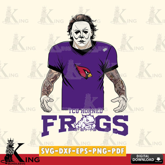Detailed illustration of TCU Horned Frogs Michael Myers Tattoo Football, NCAA SVG PNG design suitable for Glowforge and laser