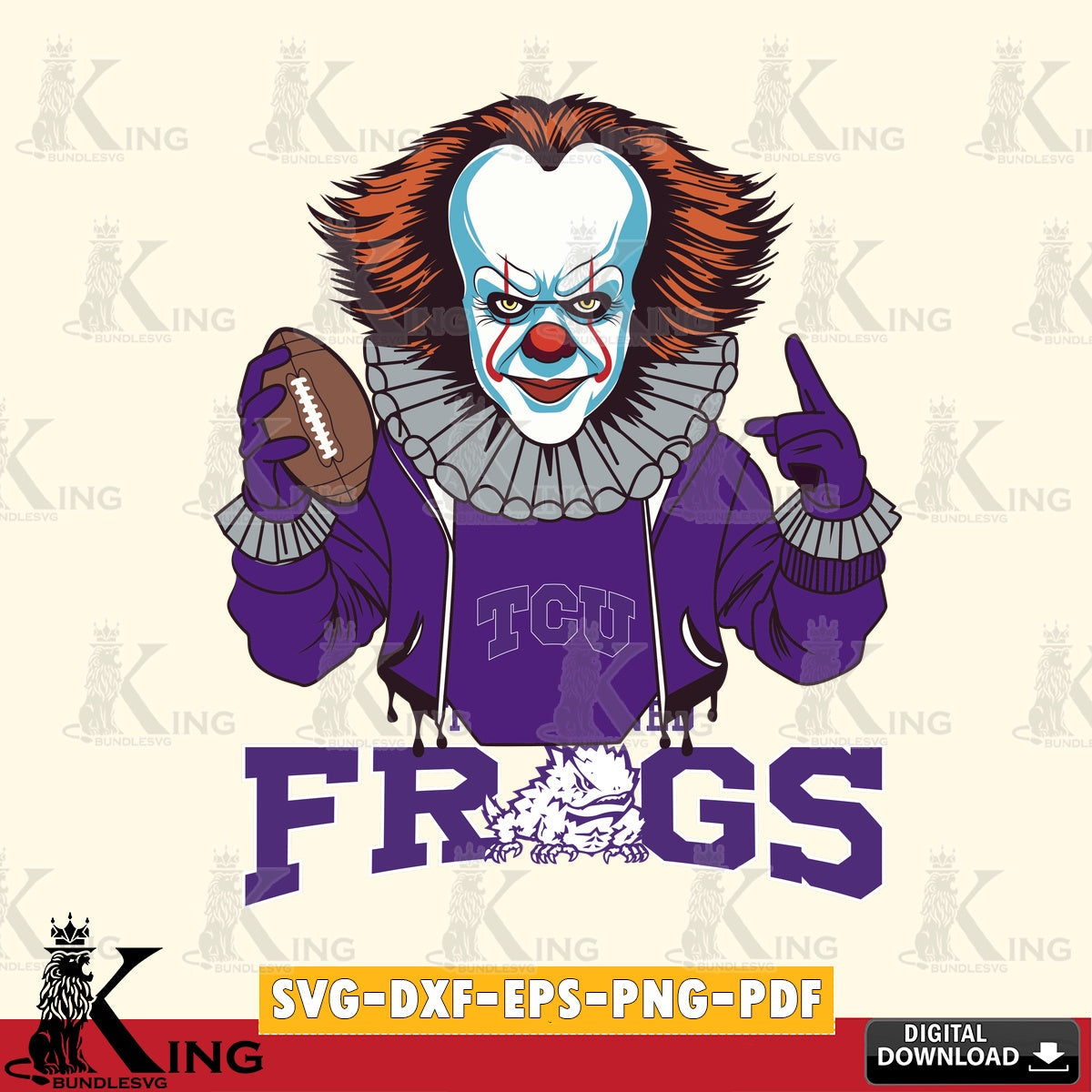 Hand-drawn style art of TCU Horned Frogs Pennywise player in football gear, a digital file for silhouette cameo and cricut