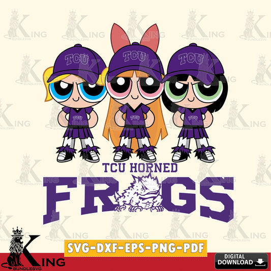 Modern graphic depicting TCU Horned Frogs PowerPuff Girls football, cut file ideal for vinyl projects and T-shirt printing