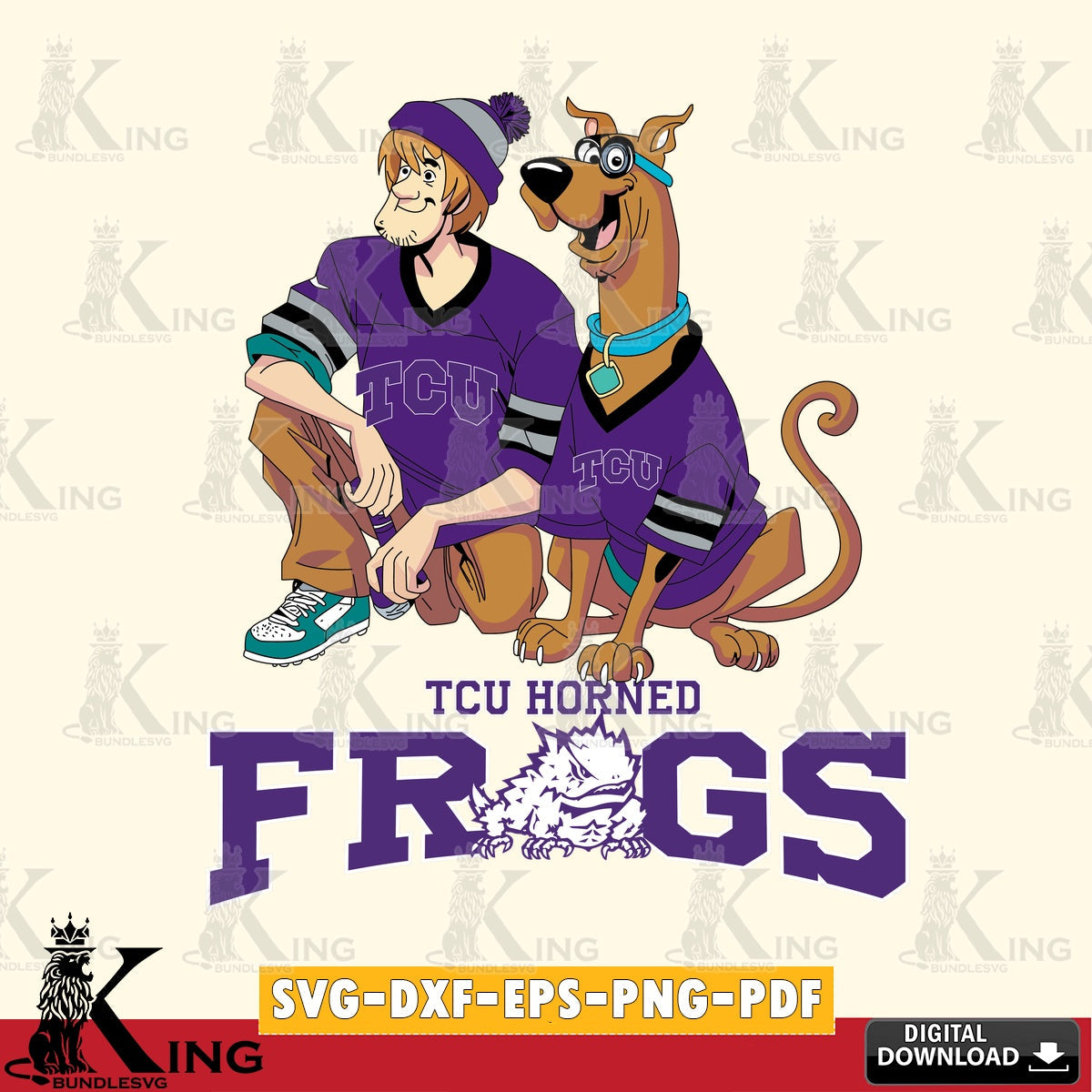 Custom design featuring TCU Horned Frogs Shaggy and Scooby Doo football, high-quality vector for DIY scrapbooking and home decor