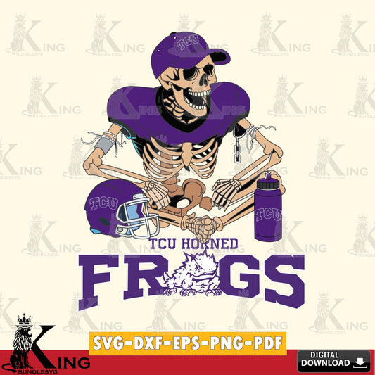 Unique artwork depicting a TCU Horned Frogs skeleton player playing football, digital file for silhouette cameo and cricut