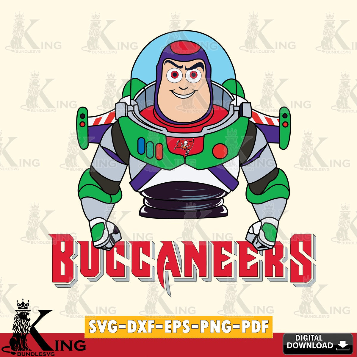 Digital clipart of Tampa Bay Buccaneers Buzz Lightyear football, a cut file ideal for vinyl projects and T-shirt printing.