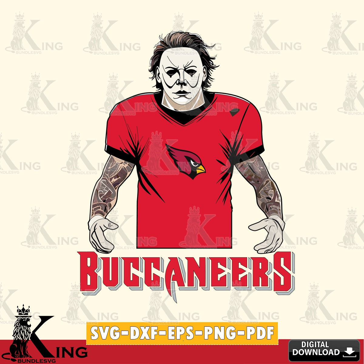 Digital clipart of Tampa Bay Buccaneers Michael Myers Tattoo Football SVG PNG design suitable for Glowforge and laser cutting