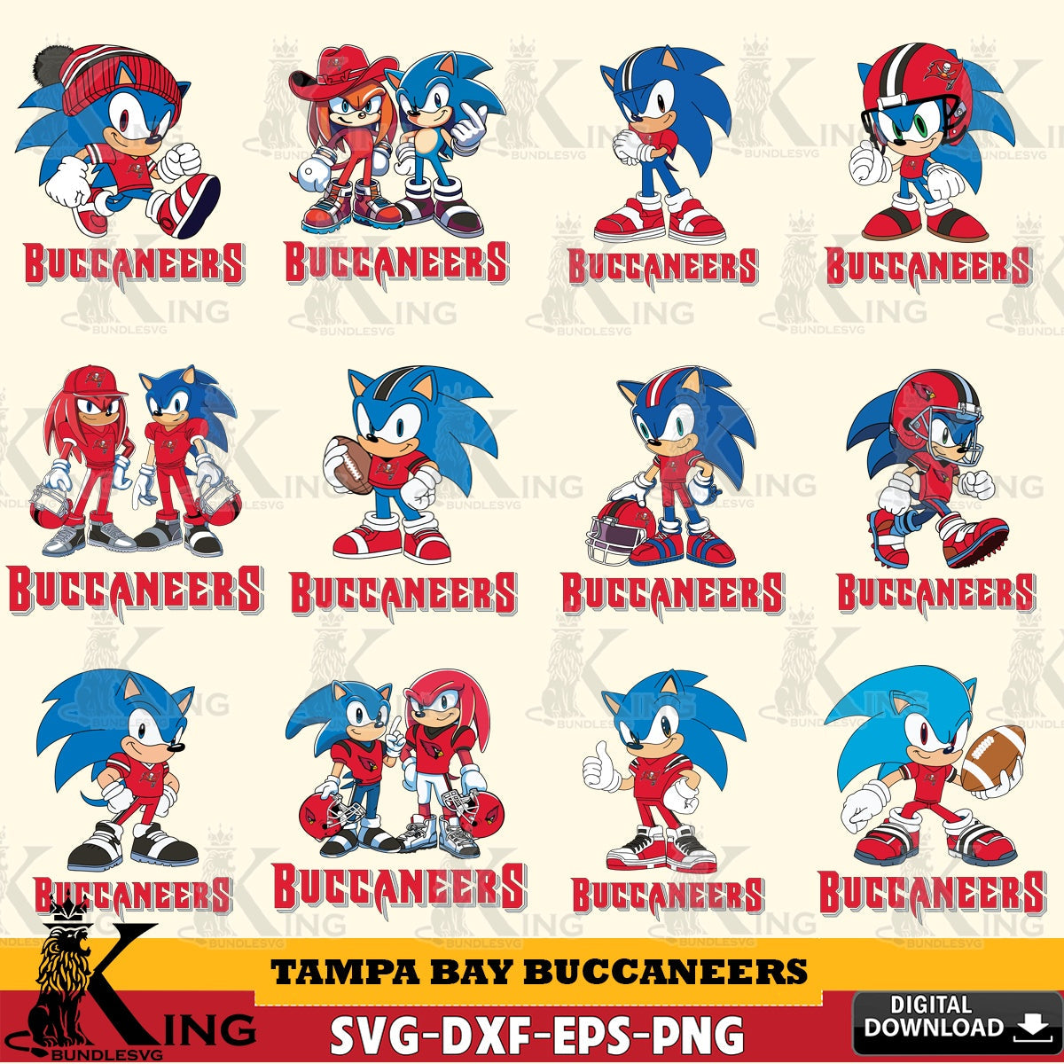 Giant set featuring Tampa Bay Buccaneers Sonic & Knuckles NFL Football Bundle vector illustration for POD merchandise and apparel