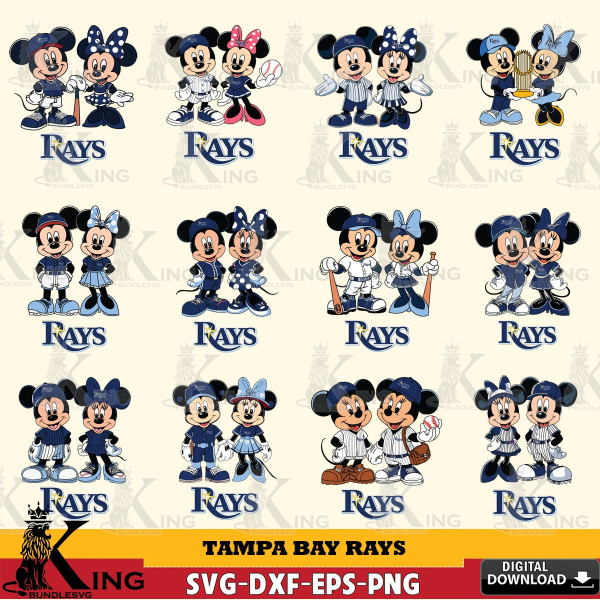 Tampa Bay Rays Mickey Minnie Baseball Player MLB Bundle SVG file , For Cricut,  File cut , Digital Download , PDF File, Cut Files