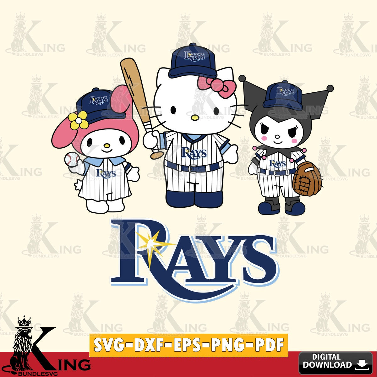 Ultimate set containing Tampa Bay Rays Squad kitty kuromi melody vector art for engraving, cutting, and printing