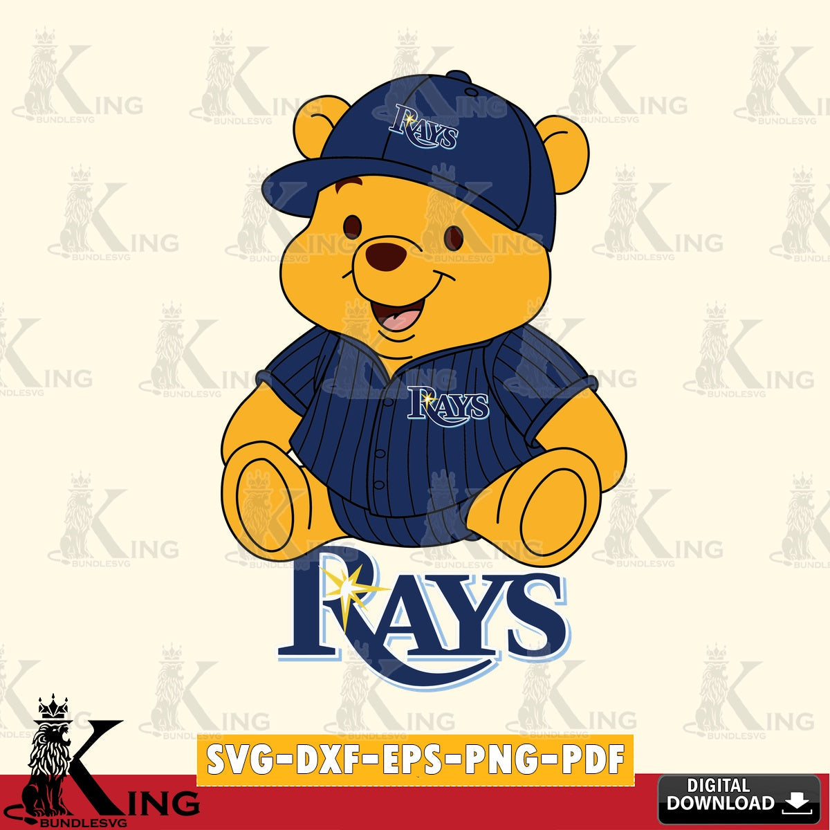 Modern graphic depicting Tampa Bay Rays Winnie the Pooh cute baseball, a digital download for Cricut Maker and paper crafts.