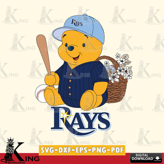 Digital clipart of Tampa Bay Rays Winnie the Pooh with flower baseball SVG cut file for personalized gifts and laser projects