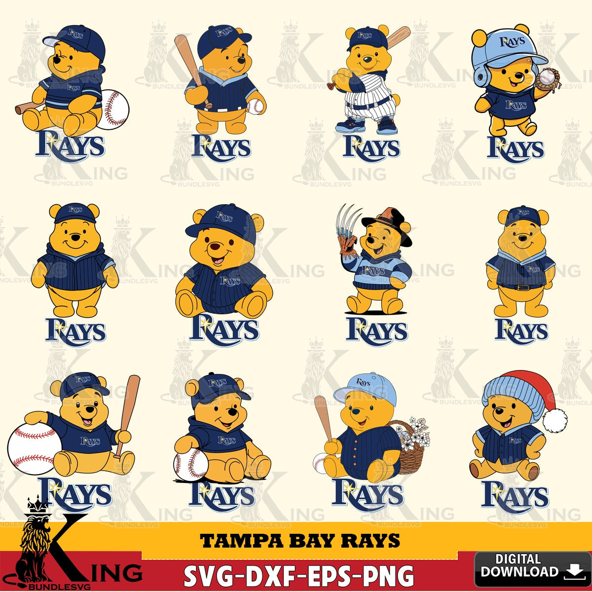 Variety pack of Tampa Bay Rays Winnie the Pooh baseball bundle, printable vector design for sublimation and crafts