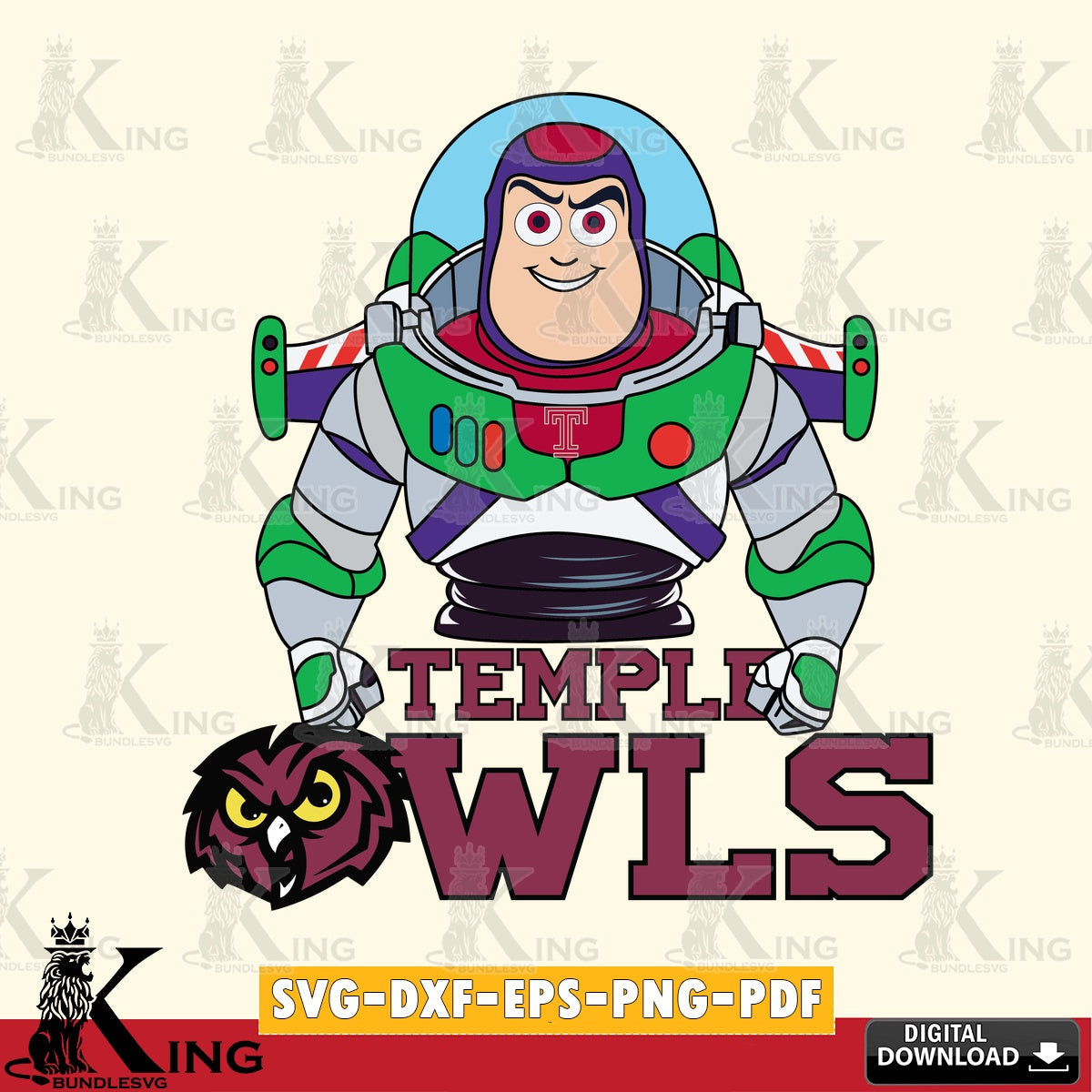 Modern graphic depicting Temple Owls Buzz Lightyear Football, SVG cut file for personalized gifts and laser projects