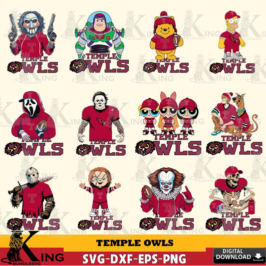 Jumbo collection of Temple Owls Cartoon Football NCAA Bundle, digital file for silhouette cameo and cricut projects