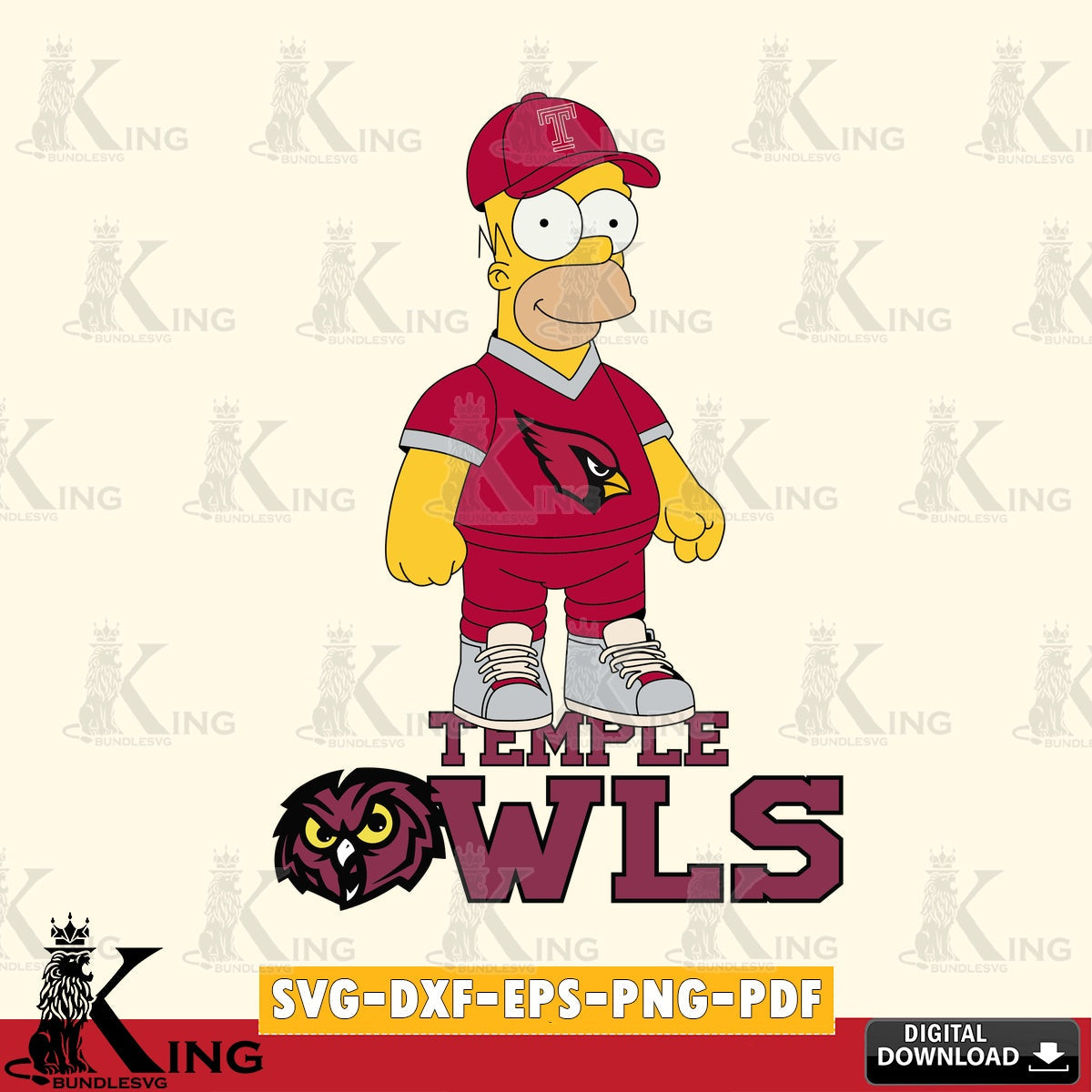 Vector design showing Temple Owls Homer Simpson football, NCAA file cut, SVG PNG files perfect for Cricut and Silhouette cutting