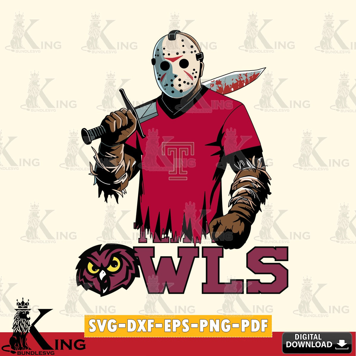 Beautiful illustration of Temple Owls Jason Voorhees Football, NCAA vector illustration for POD merchandise and apparel