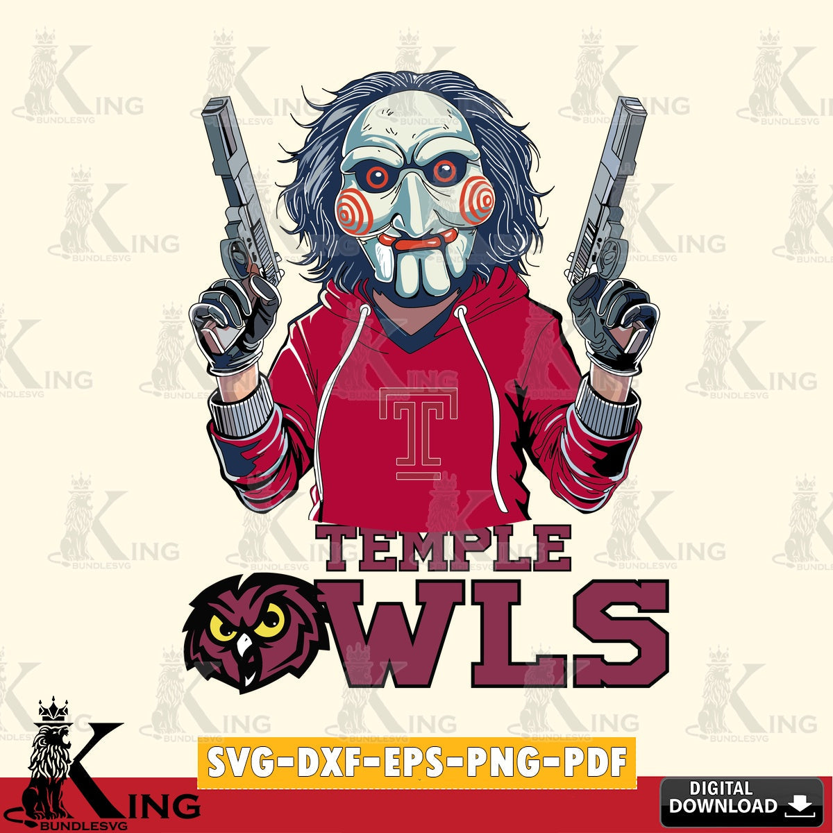 Artistic drawing of Temple Owls Jigsaw Billy Football, NCAA file cut, SVG cut file for personalized gifts and laser projects