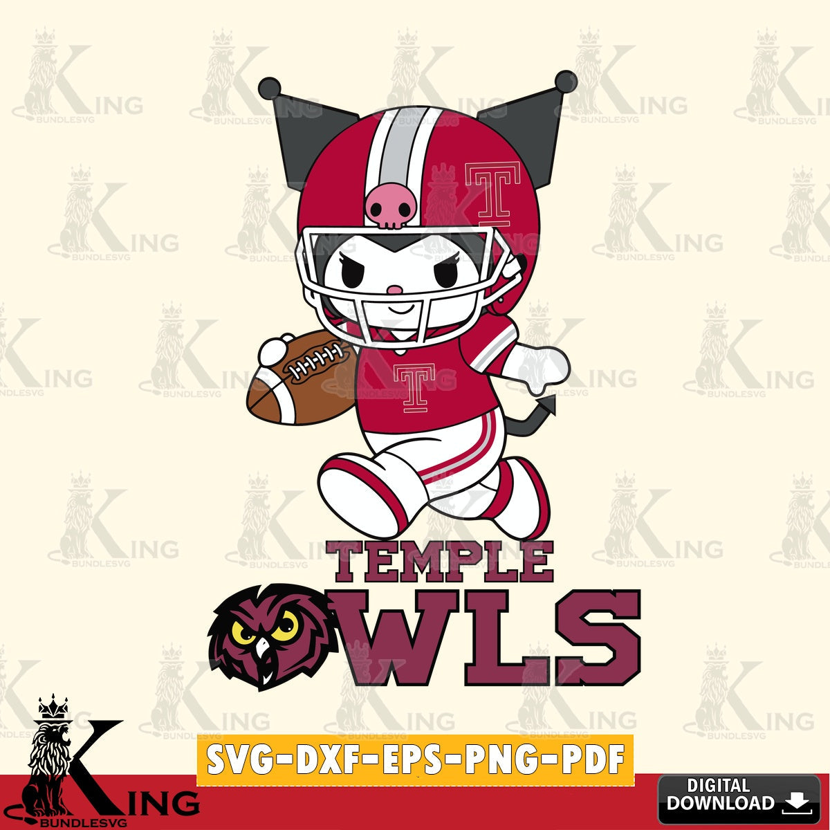 Temple Owls Kuromi Football Run SVG file, Cricut, Cut file  , Digital Download , Instant Download, Sanrio svg, Clipart