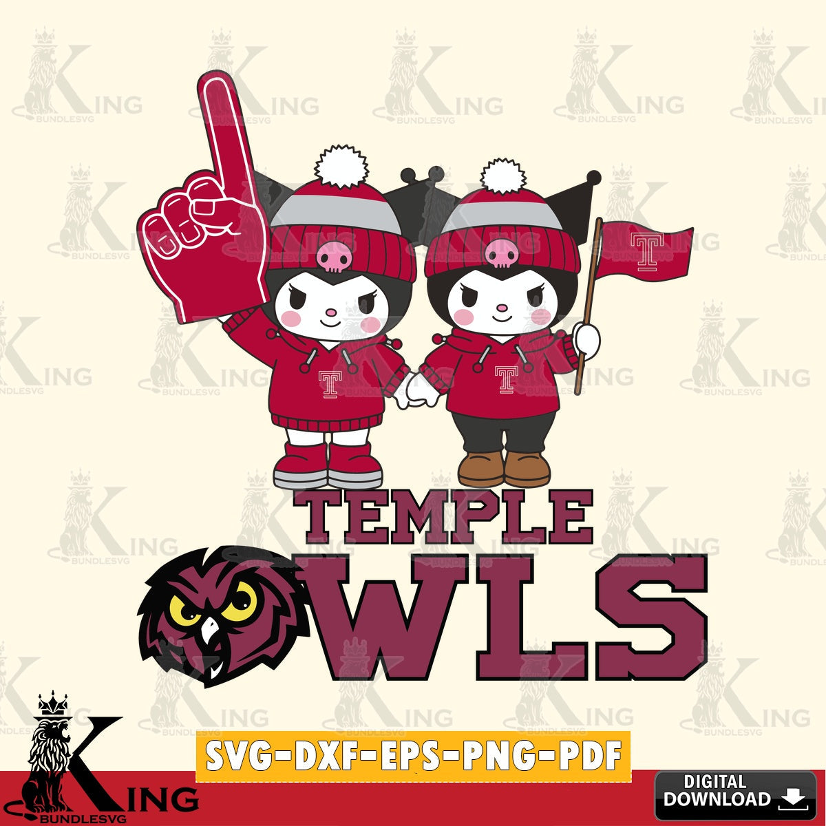 Temple Owls Kuromi rugby Fan SVG file, Cricut, Cut file  , Digital Download , Instant Download, Sanrio svg, Clipart