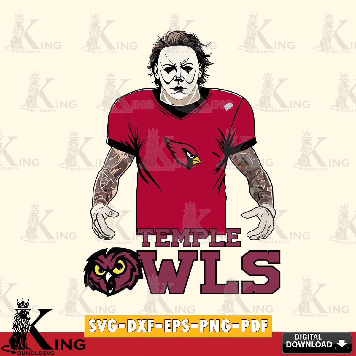 High-quality graphic of Temple Owls Michael Myers tattoo football, crafting file for iron-on transfer and vinyl decals.