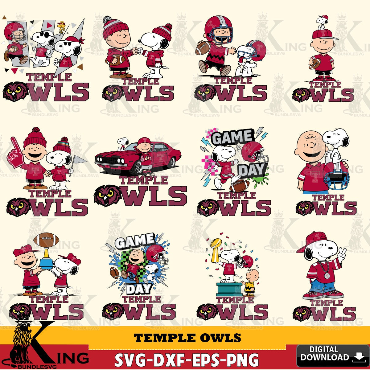 Temple Owls Peanuts Football NCAA Bundle SVG, Cricut, Cut file  , Digital Download , Instant Download, Peanuts svg, NCAA svg, Football svg, Sport svg