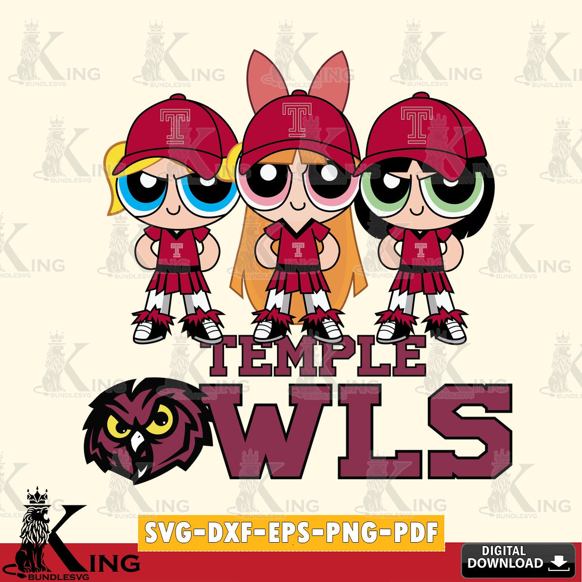 Artistic drawing of Temple Owls PowerPuff Girls Football, a digital download for Cricut Maker and paper crafts