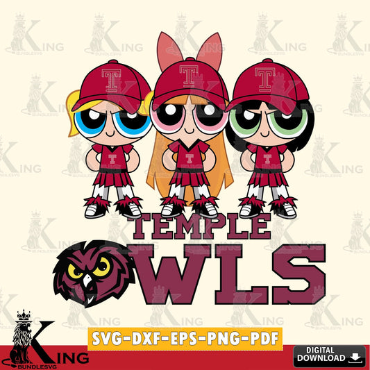Artistic drawing of Temple Owls PowerPuff Girls Football, a digital download for Cricut Maker and paper crafts