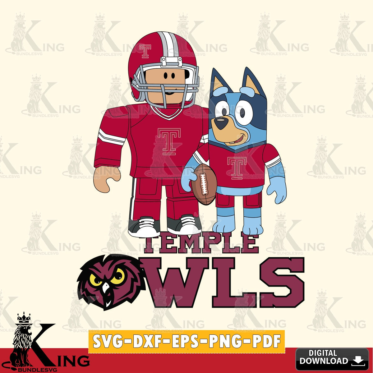 Stylish representation of Temple Owls Roblox & Bluey Football, NCAA cut file, digital download for Cricut Maker and paper crafts