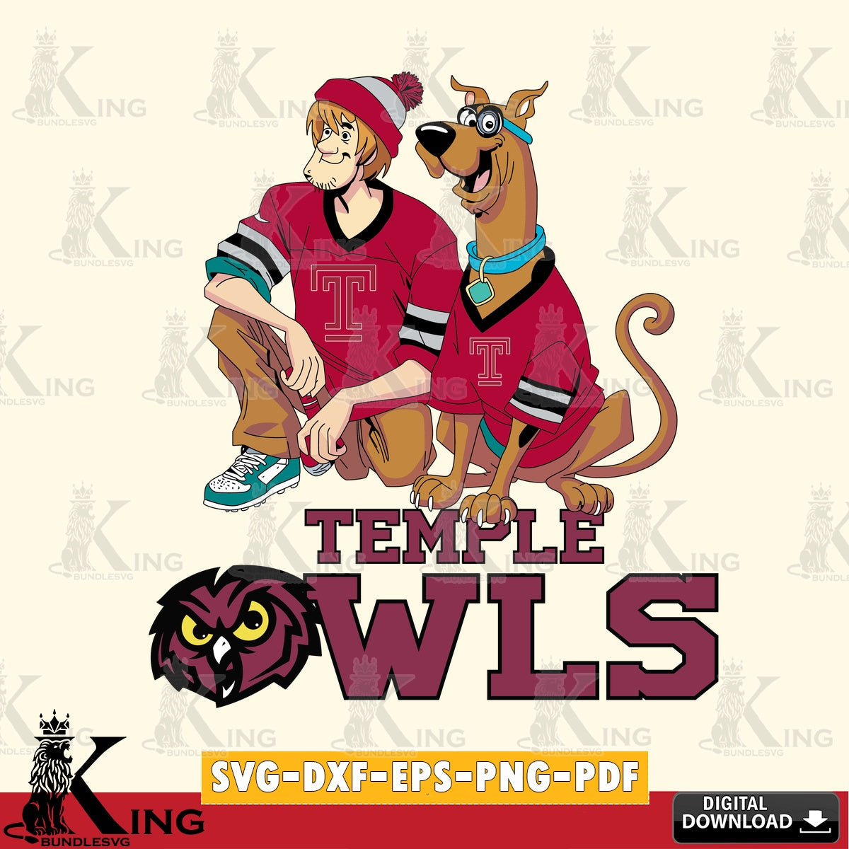 Stylish representation of Temple Owls Shaggy and Scooby Doo football, NCAA file cut, SVG PNG files perfect for Cricut and